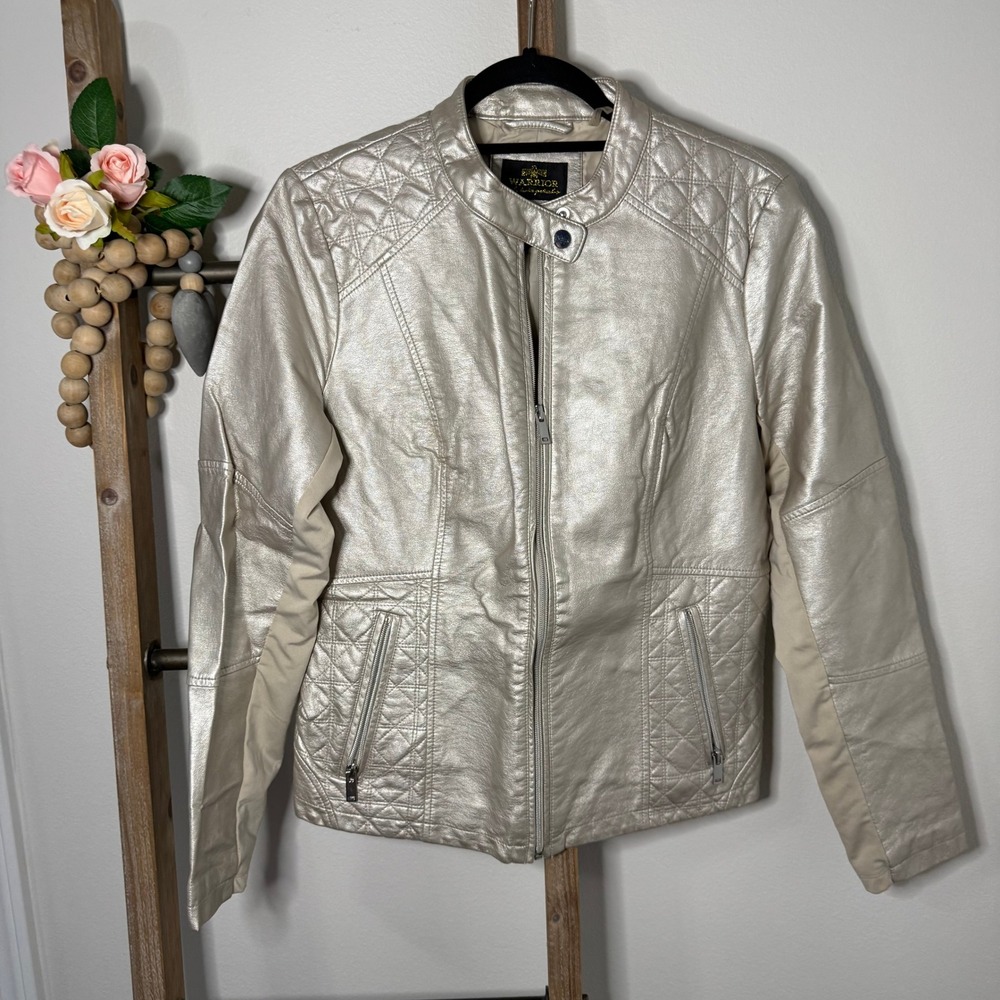 Warrior by Danica Patrick Metallic Gold Quilted Moto Jacket Size Large‎
